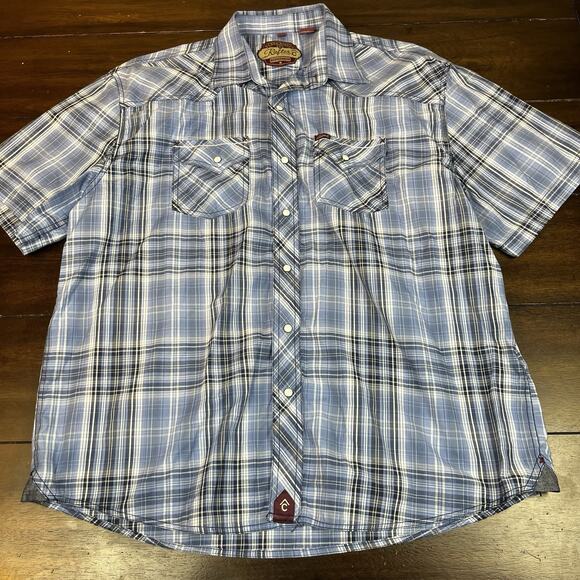 Rafter C Shirt Mens XXL Blue Short Sleeve Pearl Snap Plaid Western Cowboy Vented - Picture 1 of 4
